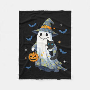 Halloween Ghost Witch Holding Black Cat Funny Hall Fleece Blanket