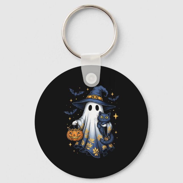 Halloween Ghost Witch Holding Black Cat Funny Hall Key Ring (Front)