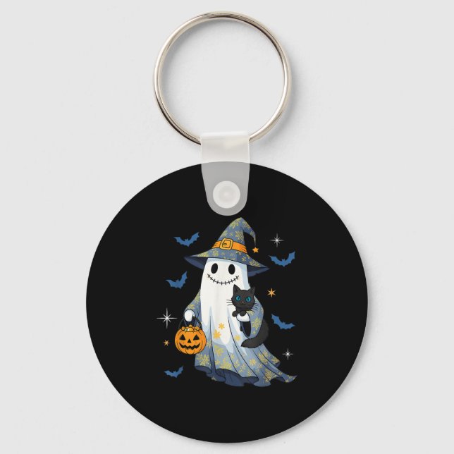 Halloween Ghost Witch Holding Black Cat Funny Hall Key Ring (Front)