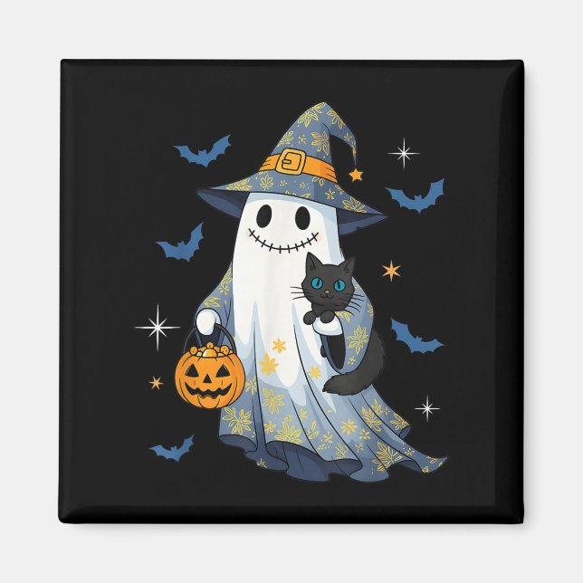 Halloween Ghost Witch Holding Black Cat Funny Hall Magnet (Front)