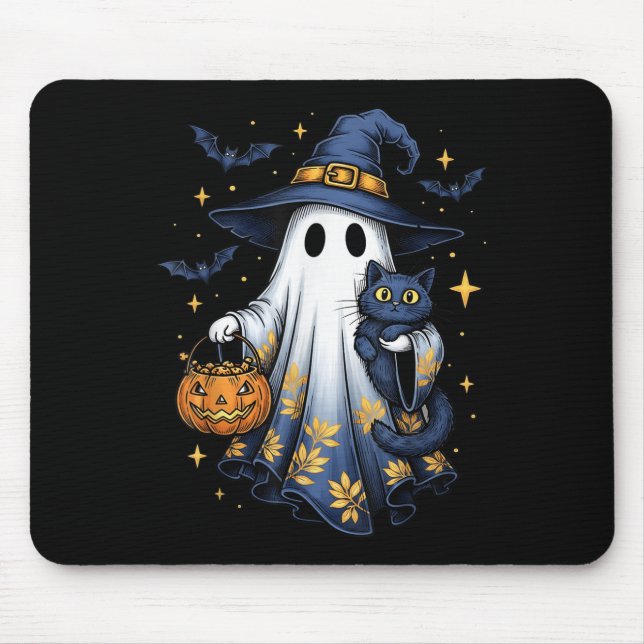 Halloween Ghost Witch Holding Black Cat Funny Hall Mouse Pad (Front)