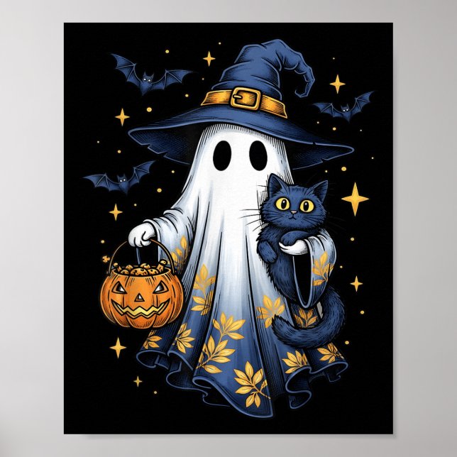 Halloween Ghost Witch Holding Black Cat Funny Hall Poster (Front)