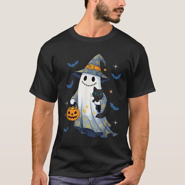 Halloween Ghost Witch Holding Black Cat Funny Hall T-Shirt (Front)