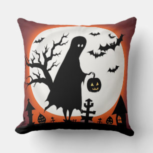 Halloween Ghost with Bats and Full Moon Cushion
