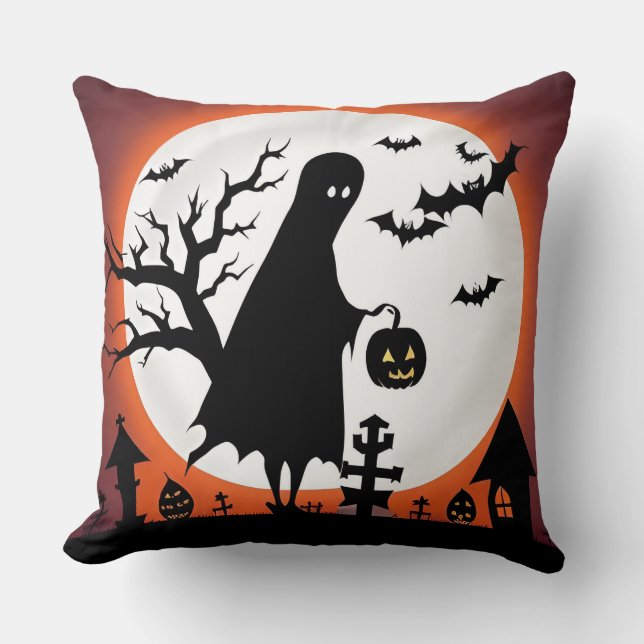Halloween Ghost with Bats and Full Moon Cushion (Front)