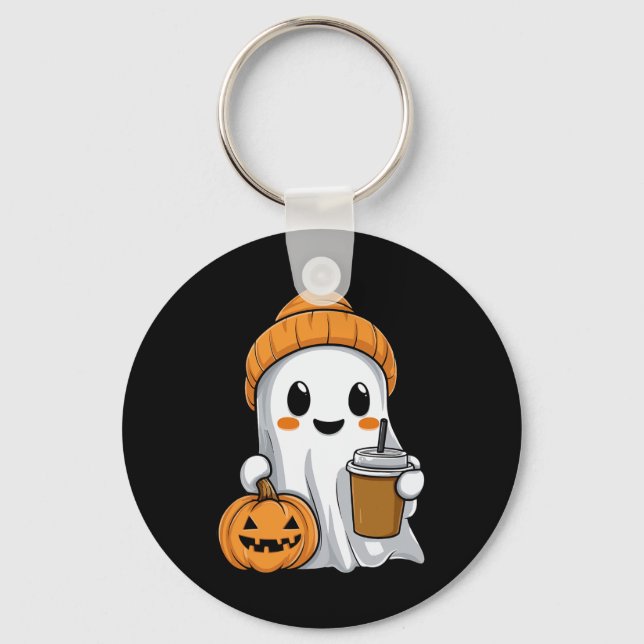 Halloween Ghost With Funny Iced Coffee Pumpkin Ora Key Ring (Front)