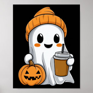 Halloween Ghost With Funny Iced Coffee Pumpkin Ora Poster