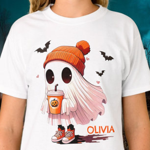 Halloween Ghost WIth Hat Drink Bats Cute Fall T-Shirt