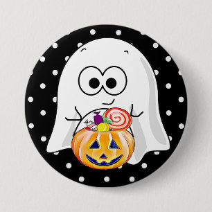 Halloween Ghost with Pumpkin Candy Bucket Button