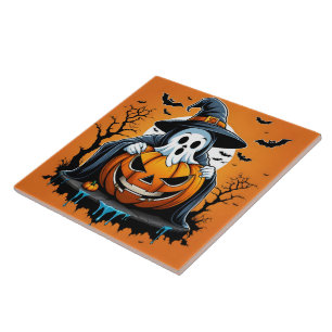 Halloween ghost with pumpkin under a spooky sky ceramic tile