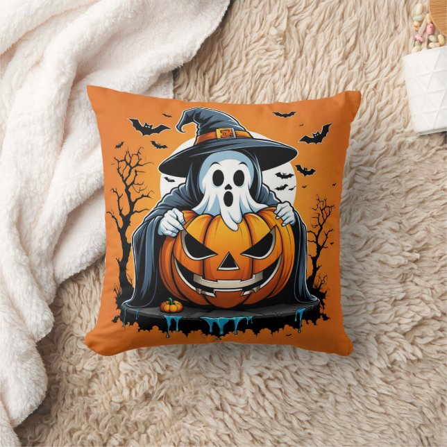 Halloween ghost with pumpkin under a spooky sky cushion (Blanket)