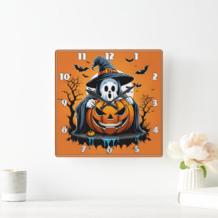 Halloween ghost with pumpkin under a spooky sky square wall clock