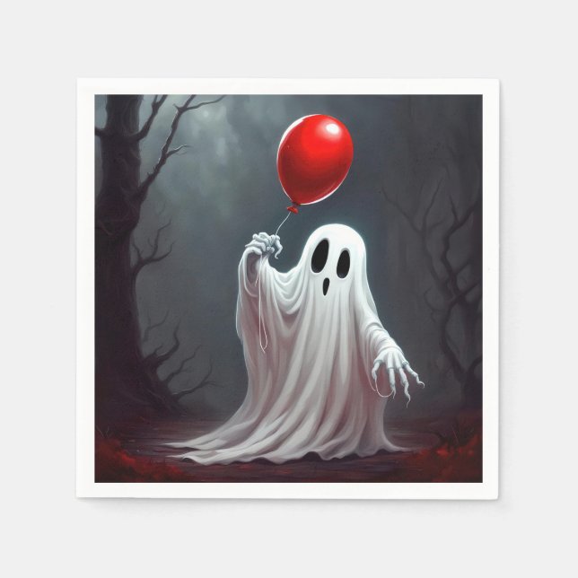 Halloween Ghost With Red Balloon Napkin (Front)