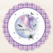 HALLOWEEN Ghost With Spider Purple Gingham Pattern