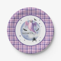 HALLOWEEN Ghost With Spider Purple Gingham Pattern