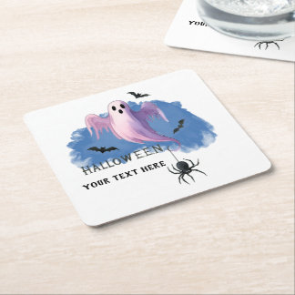 HALLOWEEN Ghost With Spider Square Paper Coaster