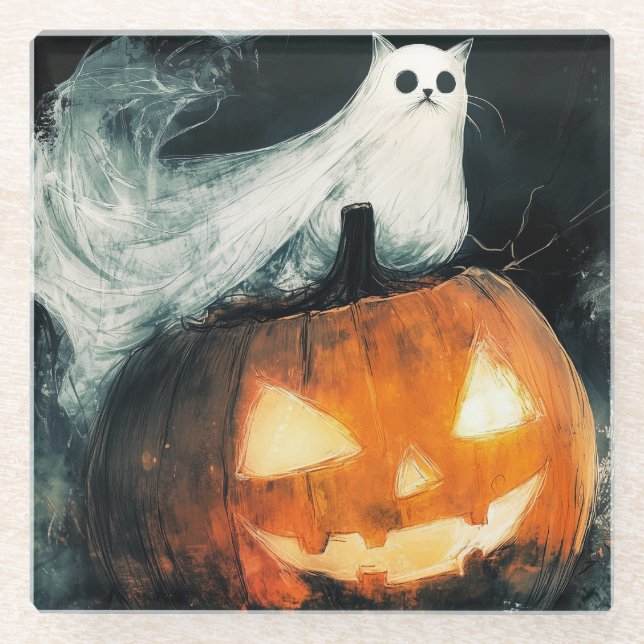 Halloween GhostCat  and Jack o Lantern Glass Coaster (Front)