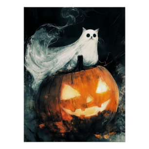 Halloween GhostCat  and Jack o Lantern Poster