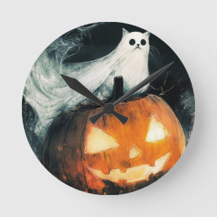 Halloween GhostCat and Jack o Lantern Round Clock