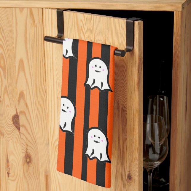 Halloween Ghosts and Stripes Tea Towel (Thirds Fold)