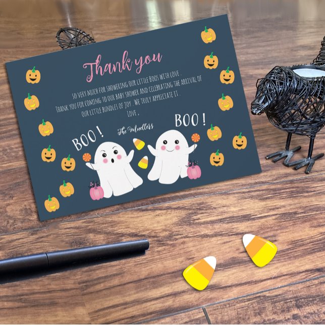 Halloween Ghosts Baby Shower Blue Thank You Card (Creator Uploaded)