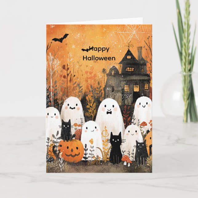 Halloween ghosts, black cats and bats, card (Front)