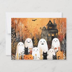 Halloween ghosts, black cats and bats, postcard