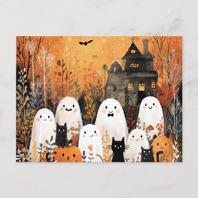 Halloween ghosts, black cats and bats, postcard (Front)
