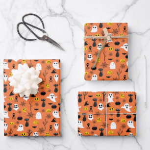 Halloween Ghosts Black Cats Spider Webs Fun Wrapping Paper Sheet