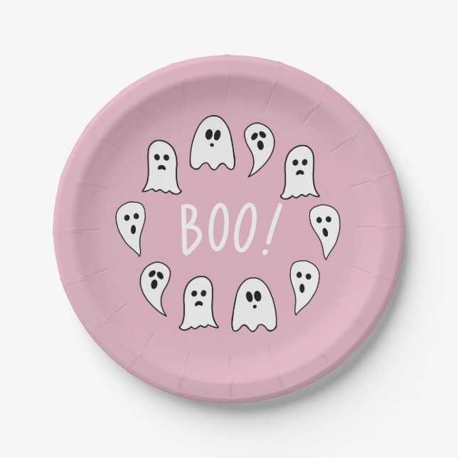 Halloween Ghosts Boo Pink Paper Plate (Front)