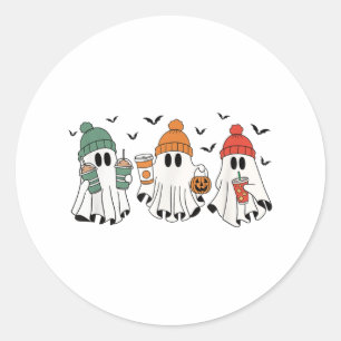 Halloween Ghosts Drinking Coffee Fall Colours _1 Classic Round Sticker
