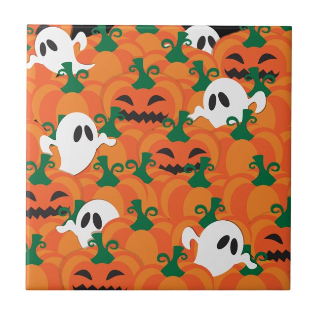Halloween Ghosts Haunted Pumpkin Patch Ceramic Tile (Front)