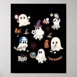 Halloween Ghosts Playing Soccer Tennis Hockey Voll Poster