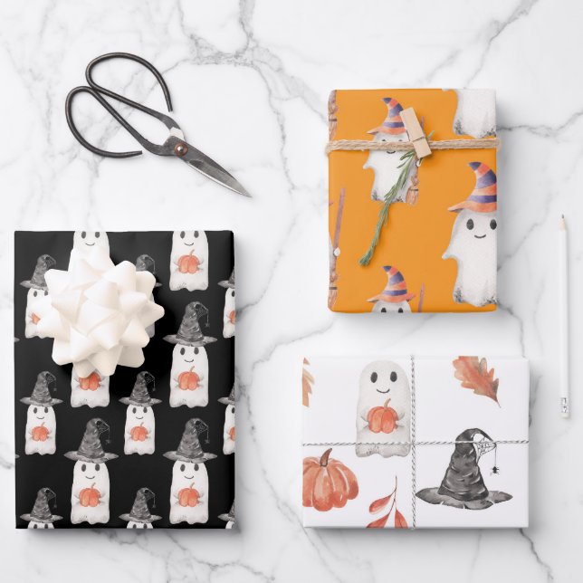 Halloween Ghosts Pumpkin Watercolor Wrapping Paper (Front)