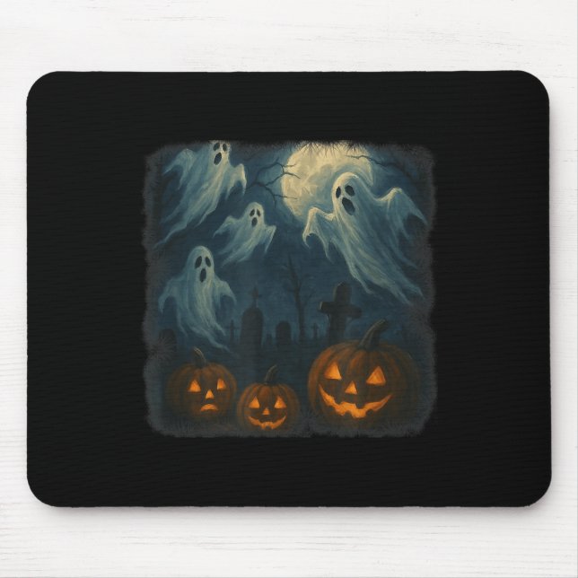 Halloween. Ghosts, Pumpkins And Graveyard!  Mouse Pad (Front)