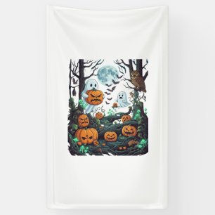 Halloween Ghosts Scary Pumpkins Owl Full Moon Bats Banner