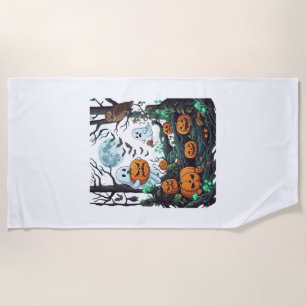 Halloween Ghosts Scary Pumpkins Owl Full Moon Bats Beach Towel