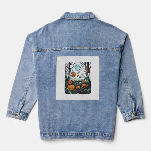 Halloween Ghosts Scary Pumpkins Owl Full Moon Bats Denim Jacket