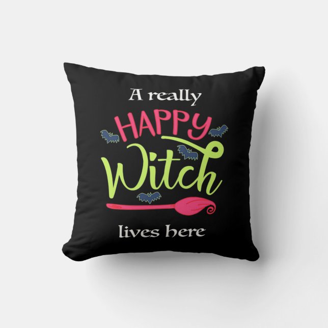 Halloween Gift | A Really Happy Witch Lives Here Cushion (Front)