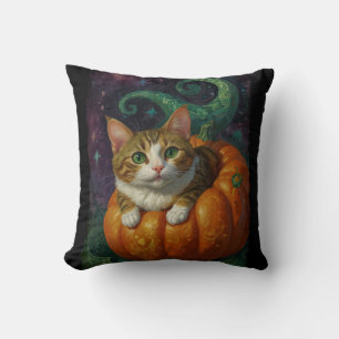 Halloween Ginger & White Kitten Riding a Pumpkin  Cushion