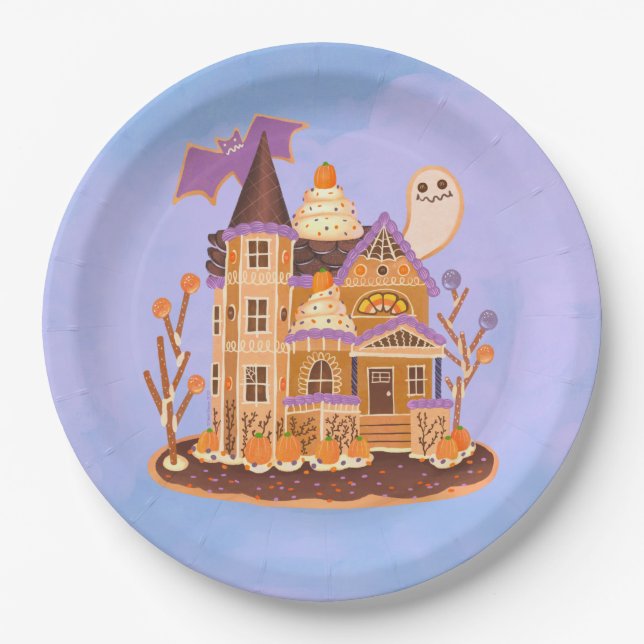 Halloween Gingerbread Haunted House Paper Plate (Front)