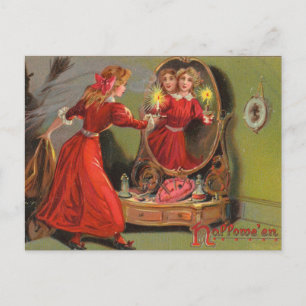 Hallowe'en Girl Mirror Reflection Vintage Postcard