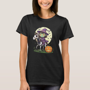 Halloween Girl Witch Riding Horse Skeleton T-Shirt