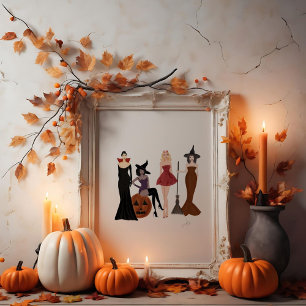 Halloween girls, fashion sketch, witches, poster