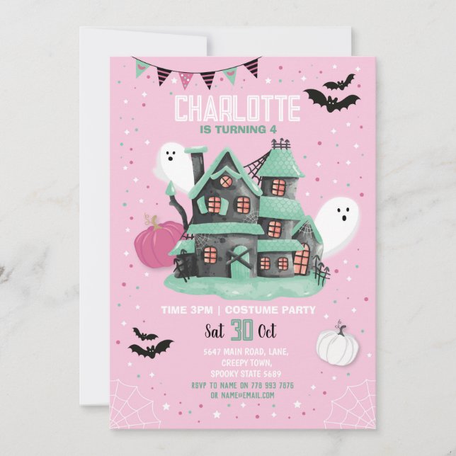 Halloween Girls Pink Fun House Party Ghosts Invitation (Front)