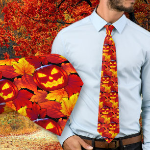 Halloween Glowing Pumpkin Fall Leaves Tie