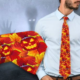 Halloween Glowing Pumpkin Fall Leaves Tie