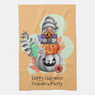 Halloween Gnome Autumn Leaves Pumpkin Tea Towel