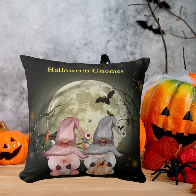 Halloween Gnome Couple Full Moon Cushion (Halloween Gnome Couple Full Moon Throw Pillow)
