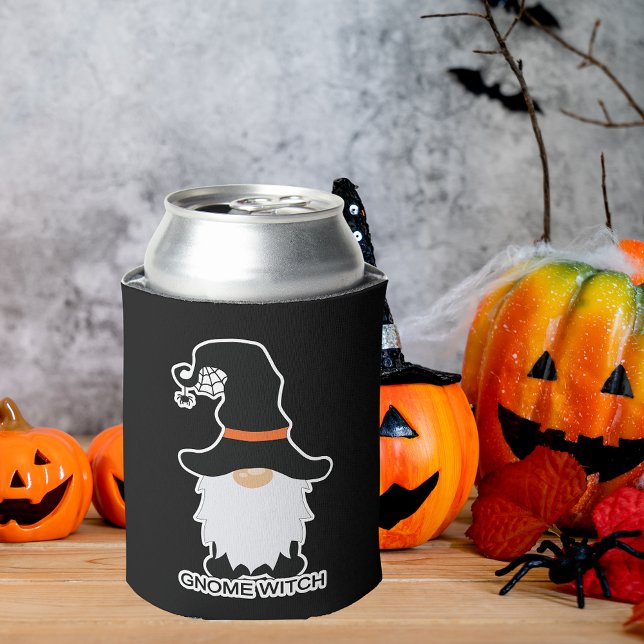 Halloween Gnome Witch White Hair Black Hat Can Cooler (Wizard Pumpkin Witch Halloween Gnomes Can Cooler)